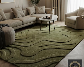Olijfgroen golvend vloerkleed – handgetuft wollen tapijt | Modern abstract organisch vloerkleed voor woonkamer | Aangepast formaat op de natuur geïnspireerd vloerdecor