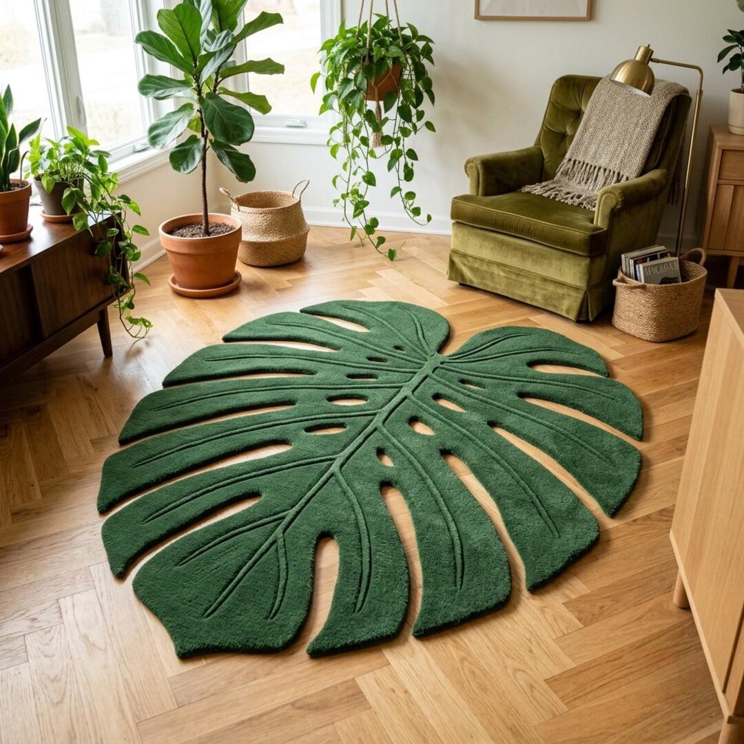 Monstera Leaf Rug, Green Botanical Area Rug 4x4 Ft, Irregular Leaf ...