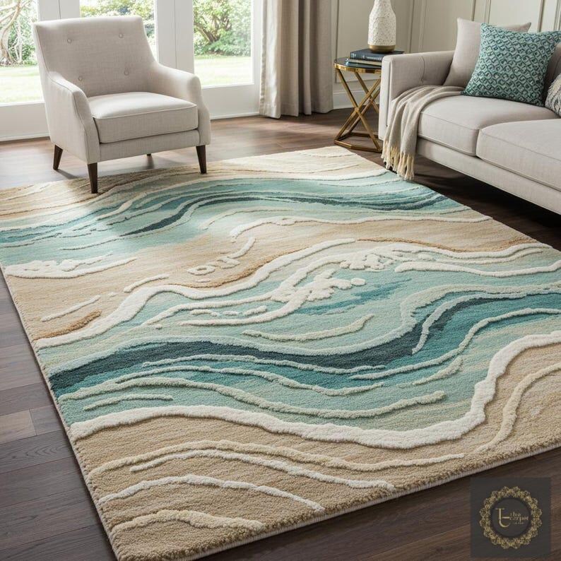 Coastal Wave Abstract Wool Rug Handmade Tufted Area Carpet for Living ...