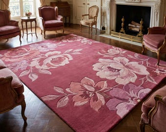 Floral Wool Area Rug, Elegant Pink Rose Carpet, Hand Tufted Classic Living Room Rug, Vintage Style Floor Decor Rug