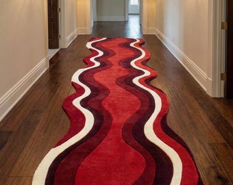 Red Wave Runner Rug, Abstract Hallway Carpet, Irregular Shape Rug, Contemporary Floor Decor, Handmade Area Rug, Long Corridor Rug
