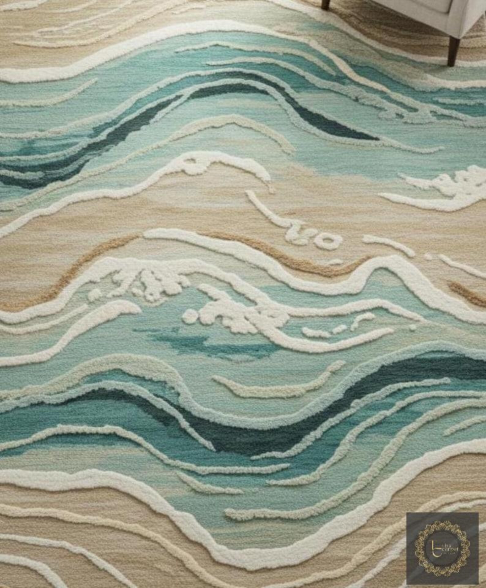 Coastal Wave Abstract Wool Rug Handmade Tufted Area Carpet for Living ...