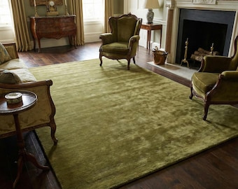 Hand Tufted Olive Green Wool Area Rug 7X10 8X10 9X12 Modern Solid Plain Carpet for Living Room, Bedroom, Soft Plush Custom Size