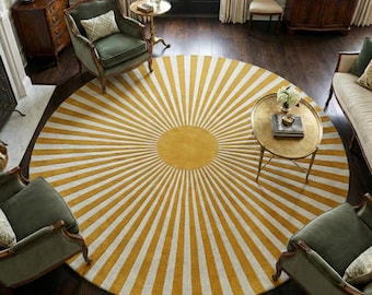 Round Sunburst Rug Yellow & White 5X5 6X6 7X7 8X8 Hand Tufted Wool Area Rug, Modern Striped Carpet for Living Room, Luxury Home Decor Rug
