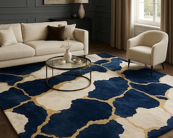 Blue and Ivory Abstract Rug with Gold Lines 7X10 Handmade Wool Tufted Modern Area Carpet for Living Room, Designer Geometric Pattern Rug