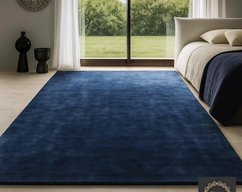 Luxury Solid Navy Blue Wool Area Rug 5X8 7X10 8X10 Hand-Tufted Modern Plain Carpet for Living Room & Bedroom | Custom Size Minimalist Rug