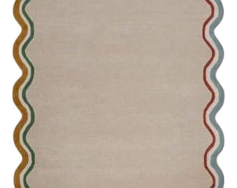 Scalloped Border Area Rug, Wavy Edge Modern Rug, Minimalist Beige Carpet, Contemporary Designer Rug, Handmade Statement Rug