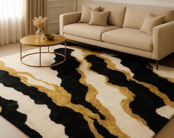 Modern Abstract Black Gold Cream Wool Rug | Handmade Luxury Tufted Carpet for Living Room & Bedroom | Contemporary Designer Area Rug