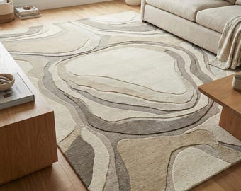 Modern Beige Cream Rug 7X10 8X10 9X12 Neutral Abstract Wool Area Rug, Hand Tufted Minimalist Carpet, Contemporary Living Room Rug