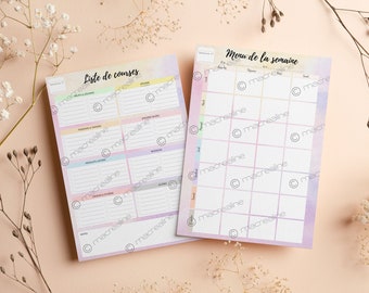 Peut inclure: Deux listes de contrôle imprimables avec des arrière-plans aquarelle pastel. La première liste de contrôle est intitulée "Liste de courses" et contient une liste d'articles à acheter. La deuxième liste de contrôle est intitulée "Menu de la semaine" et contient une grille pour planifier les repas de la semaine.