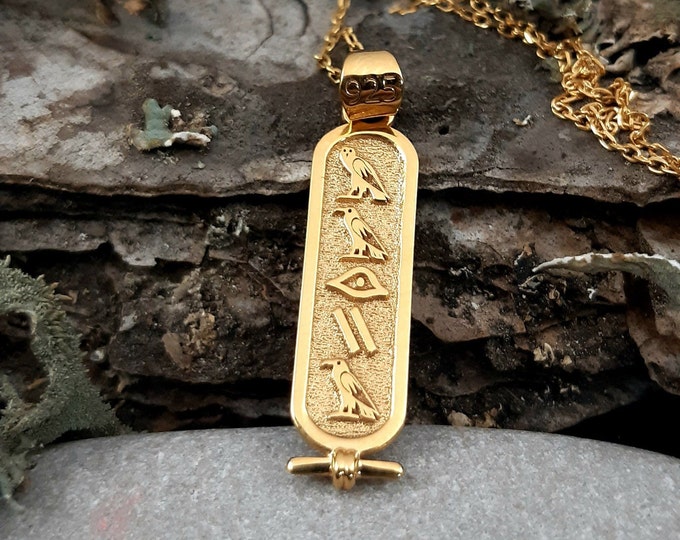 925 Sterling Silver Gold Plated Egyptian Cartouche Pendant Necklace, Hieroglyphic Jewelry