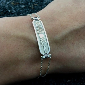 Silver Egyptian Cartouche Bracelet, Ancient Egyptian Jewelry, Personalized Cartouche Bracelet, Custom Made Silver Hieroglyphic Name Bracelet