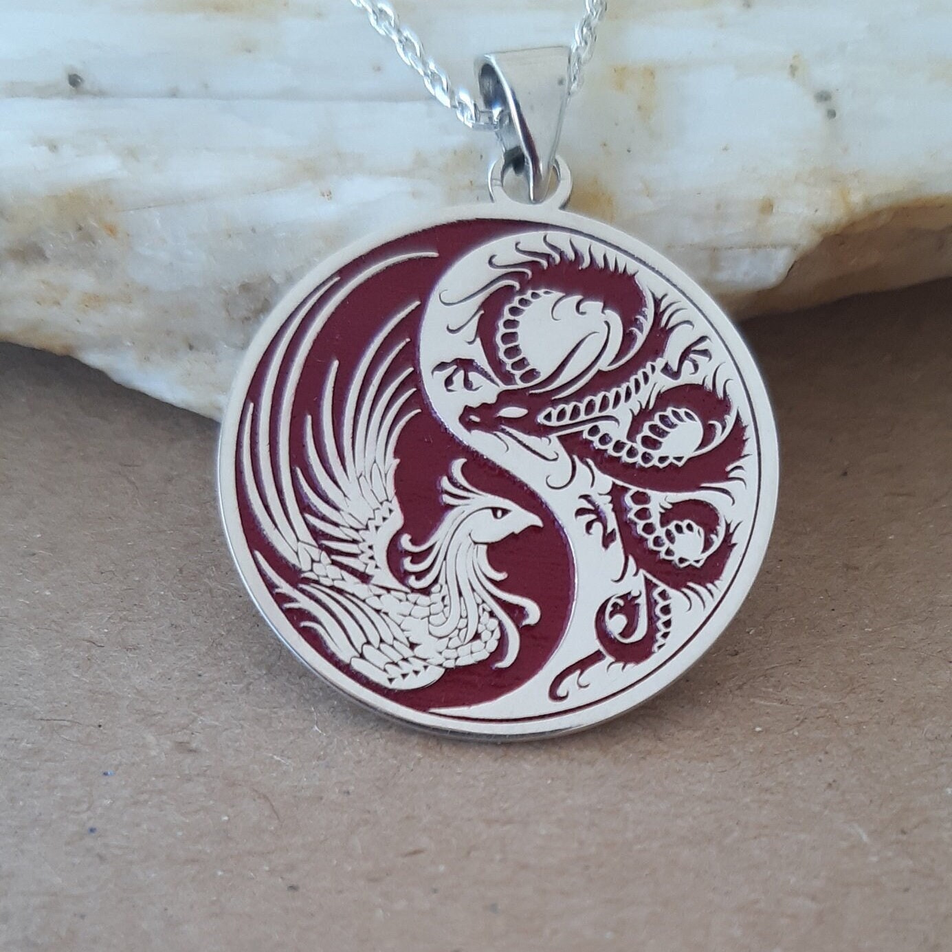 Collana in argento sterling con drago e fenice Yin Yang, ciondolo in smalto rosso - Italia