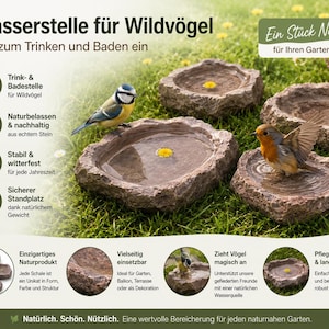 Könnte beinhalten: Ein Set aus vier braunen Stein-Vogelschalen mit unregelmäßigen, natürlichen Rändern, die jeweils Wasser und eine kleine gelbe Blume enthalten. Der Text auf dem Bild beschreibt das Produkt als Wasserstelle für Wildvögel im Garten.