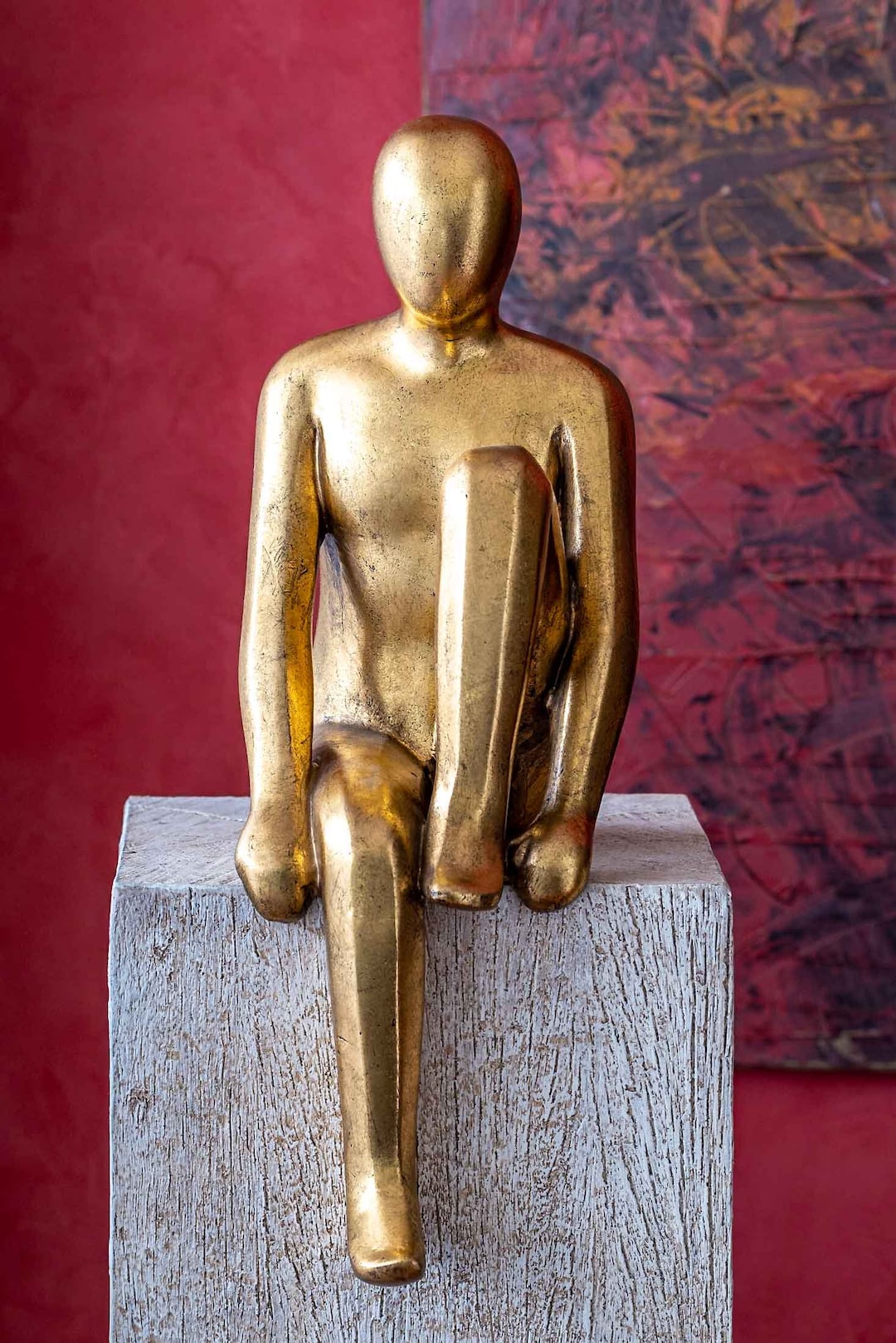 IDYL Skulptur 'Sitting Man' Aus Sandsteinguss, Silber, 19x23x43 Cm, Moderne Dekofigur Für Wohnung & Garten