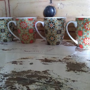 Four vintage retro 4 / ABBEYDALE COLLECTION MUGS / rare design collectable  find coffee tea mugs shepherd hut classic William Morris?