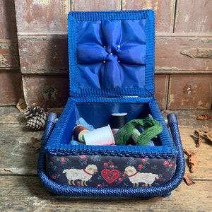 Retro / VINTAGE SEWING BASKET / & contents sheep lover Make do and mend crafting sewing felting needlework cross stitch lovers perfect gift