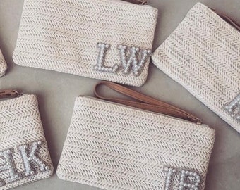 Personalised Bride Pearl Future Mrs Straw Clutch Bag| Hen | Honeymoon bag |Wife To Be Personalised straw Clutch| passport