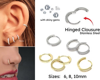 Huggie Hinged Hoop Piercing Daith Septum Earring Nose Ring 6mm 8mm 10mm Tragus Cartilage Silver Gold Stainless Steel Crystal Zircon 20G