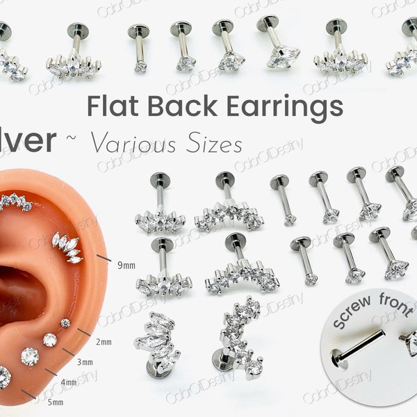 Boucles d'oreilles en argent Cartilage Stud Clear Gem 6mm 8mm Dos plat 316L Tragus Nez Helix Labret Piercing Vis sur Medusa Acier Inoxydable Snug 16G