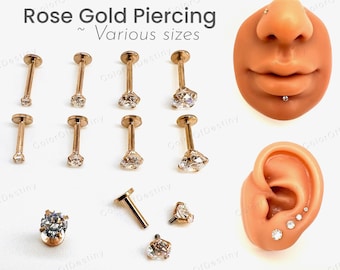 Rose Gold Cartilage Earrings Stud Clear Gem Flat Back Tragus Nose Helix Labret Piercing Screw On Internally Threaded Dahlia 6mm 8mm Bar Lobe