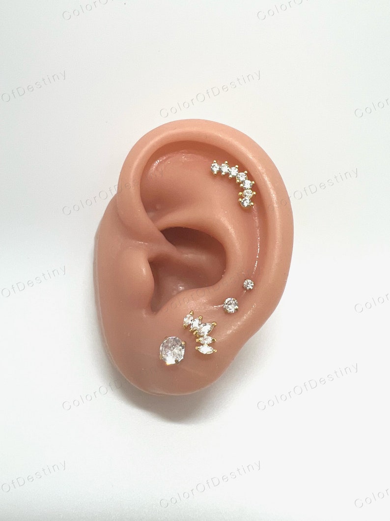 Cartilage Earrings Gold Stud Clear Gem 6mm 8mm Flat Disc Back Tragus Nose Helix Labret Piercing Screw On Medusa Stainless Steel Snug 16G image 8