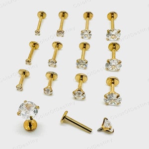 Cartilage Earrings Gold Stud Clear Gem Flat Disc Back Tragus Nose Helix Labret Piercing Screw On Internally Threaded Dahlia Rook Lobe Snug image 3