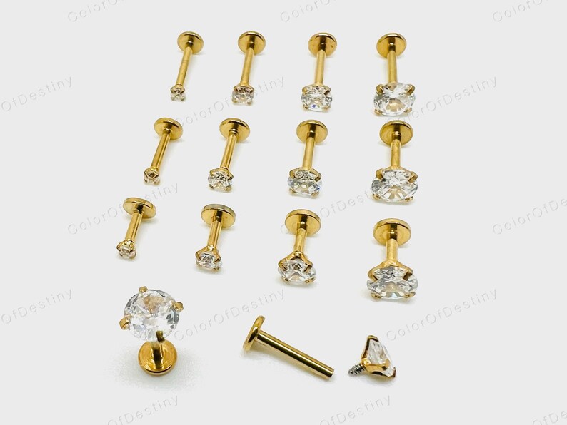 Cartilage Earrings Gold Stud Clear Gem Flat Disc Back Tragus Nose Helix Labret Piercing Screw On Internally Threaded Dahlia Rook Lobe Snug image 3