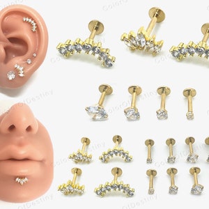 Cartilage Earrings Gold Stud Clear Gem 6mm 8mm Flat Disc Back Tragus Nose Helix Labret Piercing Screw On Medusa Stainless Steel Snug 16G image 2