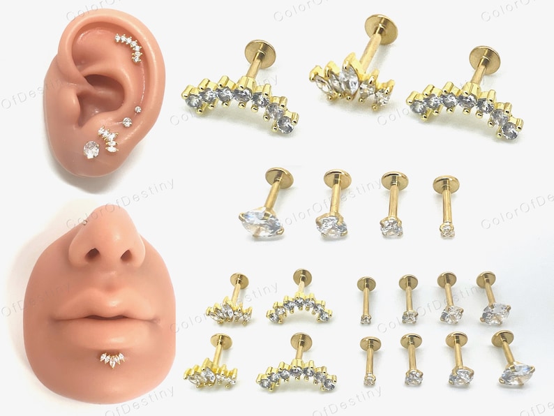 Cartilage Earrings Gold Stud Clear Gem 6mm 8mm Flat Disc Back Tragus Nose Helix Labret Piercing Screw On Medusa Stainless Steel Snug 16G image 2