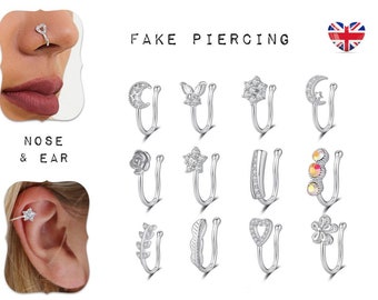 Nose & Ear Ring Cuff Non Piercing Fake Clip On Stainless Steel Diamond  Moon Flower Heart Silver African Body Jewellery Star Faux 316L