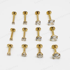 Cartilage Earrings Gold Stud Clear Gem Flat Disc Back Tragus Nose Helix Labret Piercing Screw On Internally Threaded Dahlia Rook Lobe Snug image 5