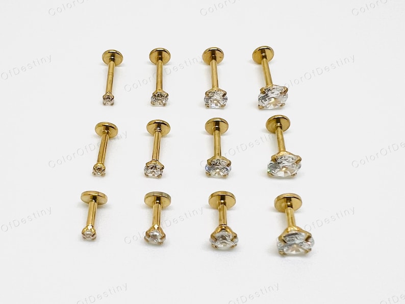 Cartilage Earrings Gold Stud Clear Gem Flat Disc Back Tragus Nose Helix Labret Piercing Screw On Internally Threaded Dahlia Rook Lobe Snug image 5