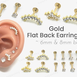 Cartilage Earrings Gold Stud Clear Gem 6mm 8mm Flat Disc Back Tragus Nose Helix Labret Piercing Screw On Medusa Stainless Steel Snug 16G