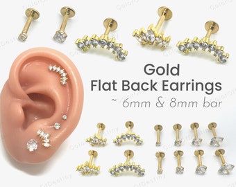 Cartilage Earrings Gold Stud Clear Gem 6mm 8mm Flat Disc Back Tragus Nose Helix Labret Piercing Screw On Medusa Stainless Steel Snug 16G