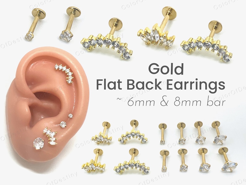 Cartilage Earrings Gold Stud Clear Gem 6mm 8mm Flat Disc Back Tragus Nose Helix Labret Piercing Screw On Medusa Stainless Steel Snug 16G image 1
