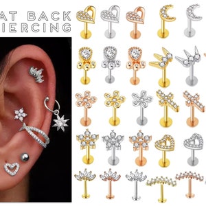 Cartilage Earrings Stud Clear Gem 6 8mm Flat Disc Back 316L Tragus Nose Helix Labret Piercing Screw On Medusa Snake Stainless Steel Snug 16G