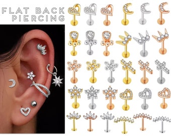 Pendientes de cartílago Stud Clear Gem 6 8 mm Parte posterior de disco plano 316L Tragus Nariz Helix Labret Piercing Tornillo en Medusa Serpiente Acero inoxidable Snug 16G