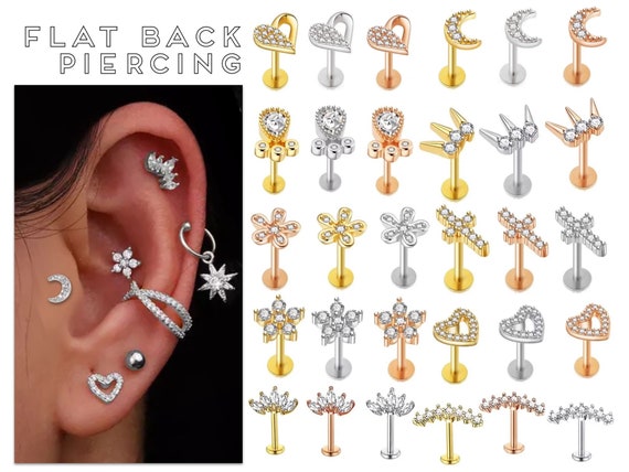 Cartilage Labret Piercing Earrings Stud Crystal Gem Flat Disc Back Tragus  Helix