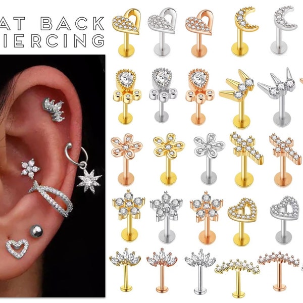 Boucles d'oreilles pour cartilage, gemme transparente, 6,8 mm, dos plat, tragus, nez hélicoïdal, labret, piercing, serpent, méduse, 316 l, acier inoxydable, douillet, 16 g