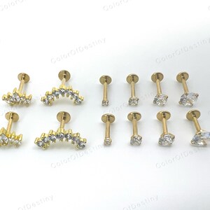 Cartilage Earrings Gold Stud Clear Gem 6mm 8mm Flat Disc Back Tragus Nose Helix Labret Piercing Screw On Medusa Stainless Steel Snug 16G image 9