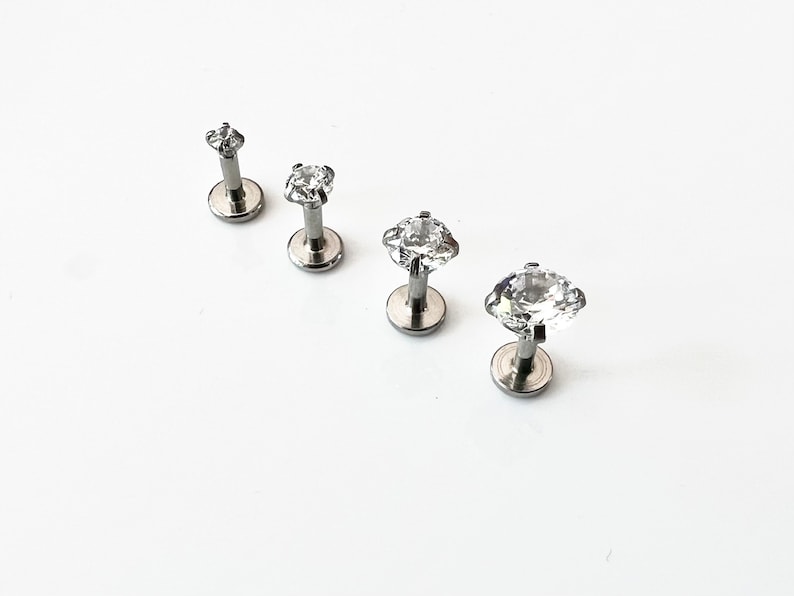 Cartilage Earrings Stud Clear Gem Flat Disc Back Tragus Nose Helix Labret Piercing Screw On Internally Threaded Dahlia Rook Silver Lobe Snug image 4