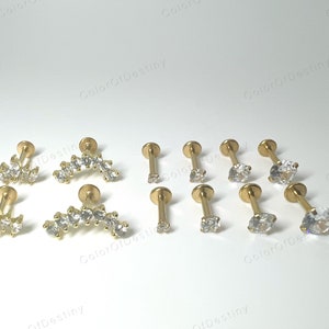 Cartilage Earrings Gold Stud Clear Gem 6mm 8mm Flat Disc Back Tragus Nose Helix Labret Piercing Screw On Medusa Stainless Steel Snug 16G image 5