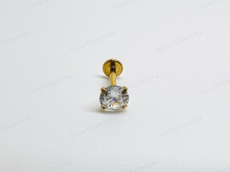 Cartilage Earrings Gold Stud Clear Gem Flat Disc Back Tragus Nose Helix Labret Piercing Screw On Internally Threaded Dahlia Rook Lobe Snug image 7