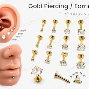 Cartilage Earrings Gold Stud Clear Gem Flat Disc Back Tragus Nose Helix Labret Piercing Screw On Internally Threaded Dahlia Rook Lobe Snug