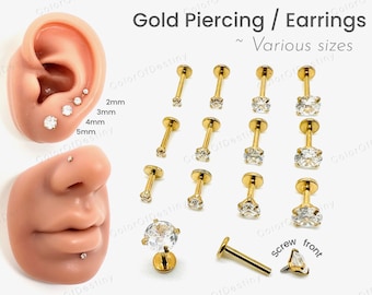 Cartilage Earrings Gold Stud Clear Gem Flat Disc Back Tragus Nose Helix Labret Piercing Screw On Internally Threaded Dahlia Rook Lobe Snug