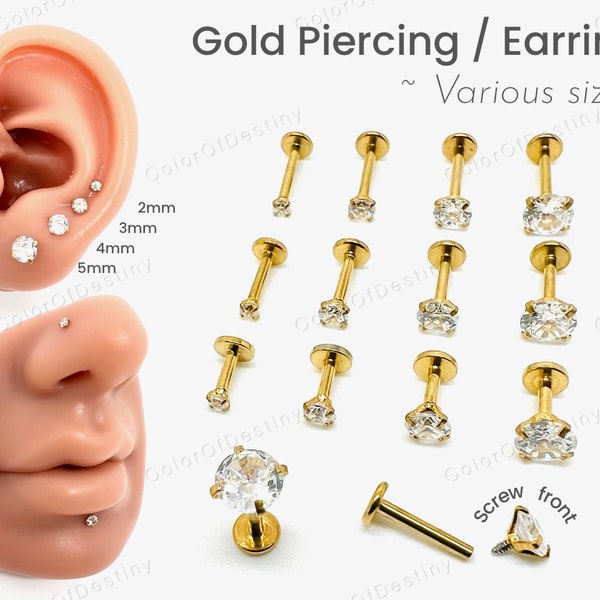 Cartilage Earrings Gold Stud Clear Gem Flat Disc Back Tragus Nose Helix Labret Piercing Screw On Internally Threaded Dahlia Rook Lobe Snug