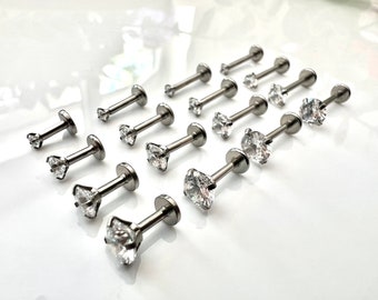 Cartilage Earrings Stud Clear Gem Flat Disc Back Tragus Nose Helix Labret Piercing Screw On Internally Threaded Dahlia Rook Silver Lobe Snug