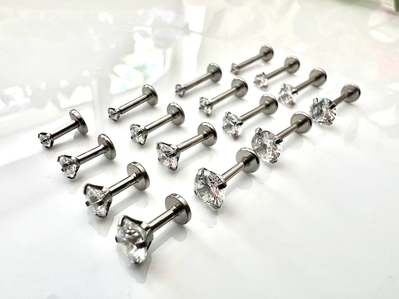 Cartilage Earrings Stud Clear Gem Flat Disc Back Tragus Nose Helix Labret Piercing Screw On Internally Threaded Dahlia Rook Silver Lobe Snug image 1
