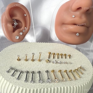 Stud Earrings Clear Gem Flat Disc Back Labret Gold Silver Tragus Helix Piercing Screw On Internally Threaded 316L Rook Lobe Snug Cartilage